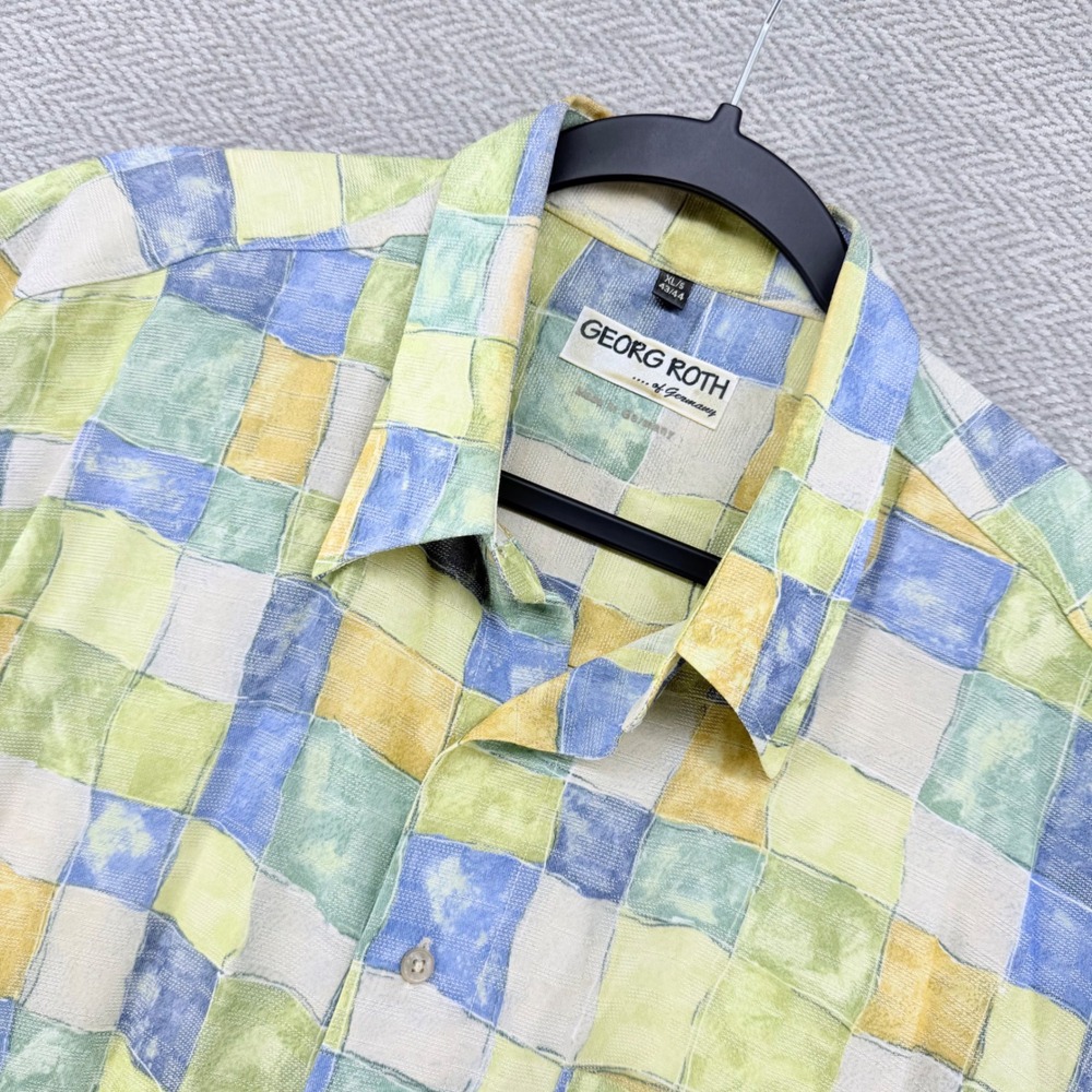 Georg Roth Button Down Shirt XL Multicolor Cotton Patchwork Grid Short Sleeve